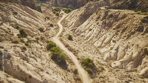 Winding Tan Dirt Road Through Arid Canyon Landscape With Sparse Green Trees In Sunny Daylight