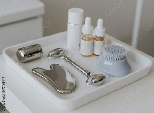 Skincare tools on white table. Beauty treatment concept for banner, blog, advertising, web design. photo