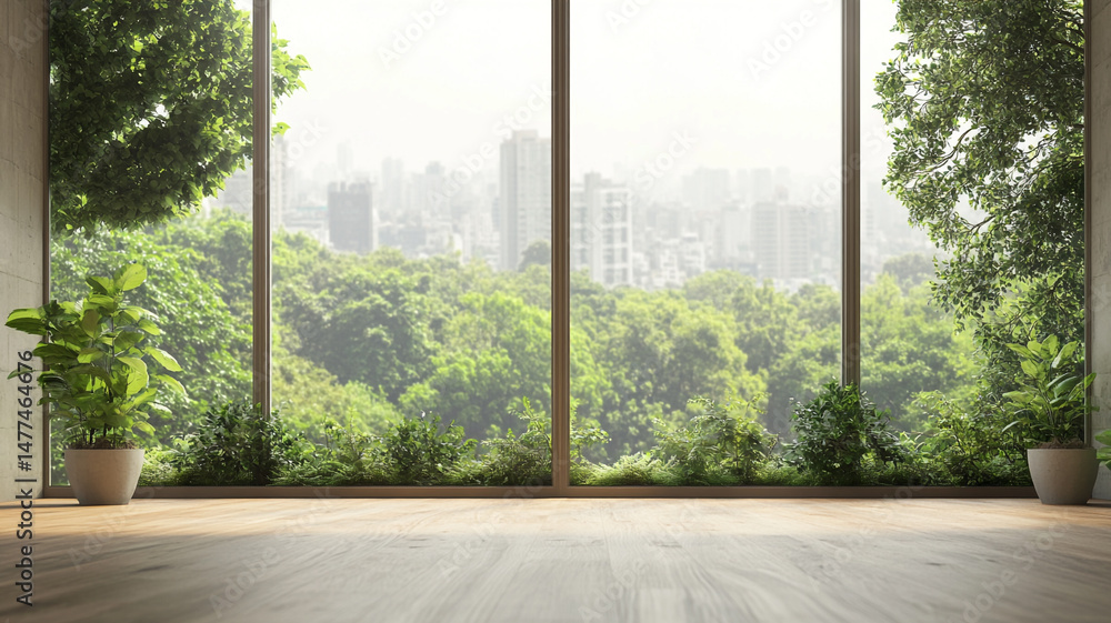 Naklejka premium A large window with an open view of the city skyline and green trees outside