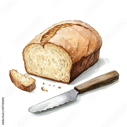Cute cartoon watercolor A fresh loaf of bread