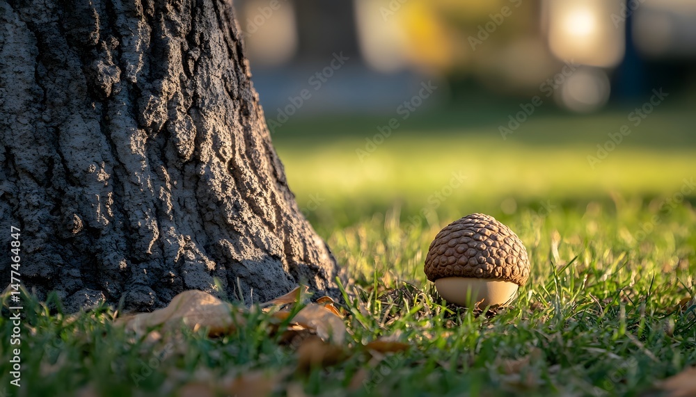 Obraz premium Close-up of an acorn on grass beside a tree trunk.