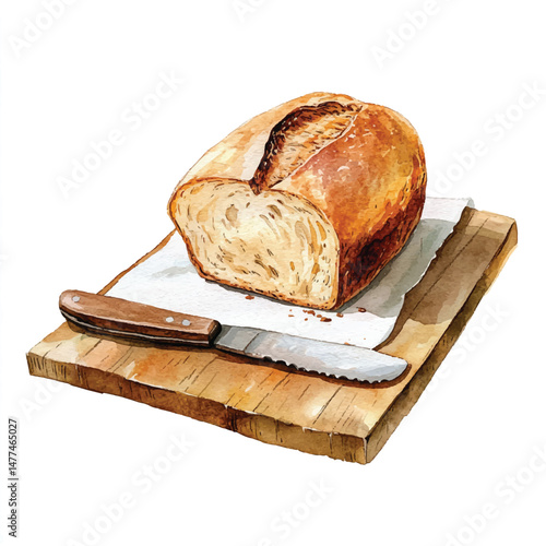 Cute cartoon watercolor A fresh loaf of bread