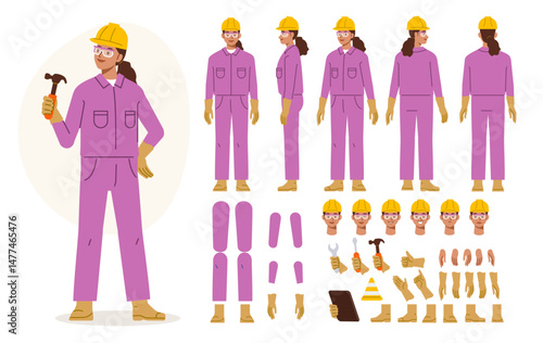 Technician worker wearing overall uniform, protective goggle holding hammer tool. Character for animation. Front, side and back view set. Body parts, postures, poses collection. Vector illustration.