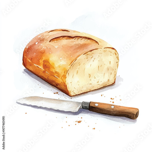 Cute cartoon watercolor A fresh loaf of bread