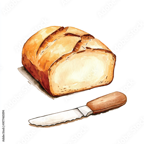 Cute cartoon watercolor A fresh loaf of bread