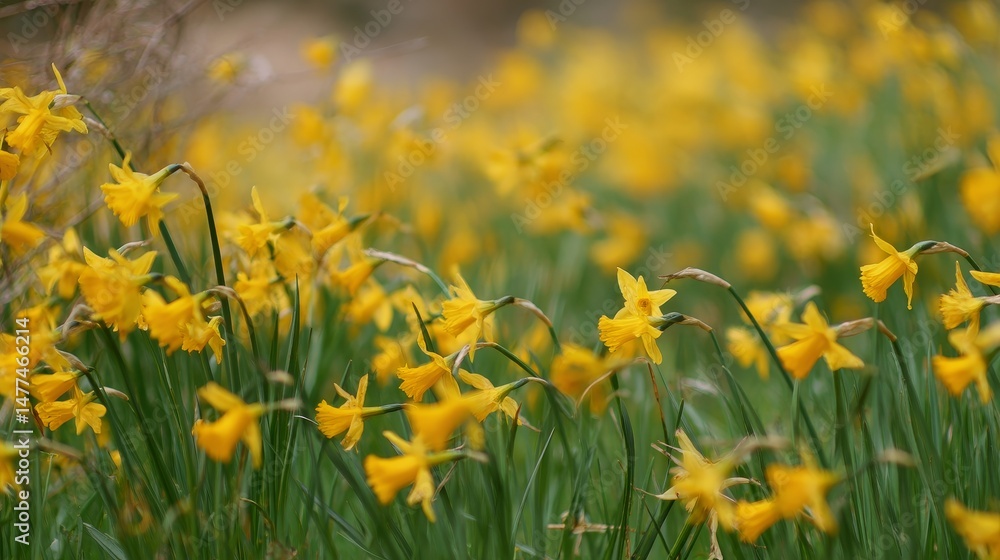 Obraz premium Field of vibrant yellow daffodils blooming in springtime, gently swaying in the breeze under natural sunlight. Seasonal floral landscape concept with fresh colors, nature beauty, peaceful countryside