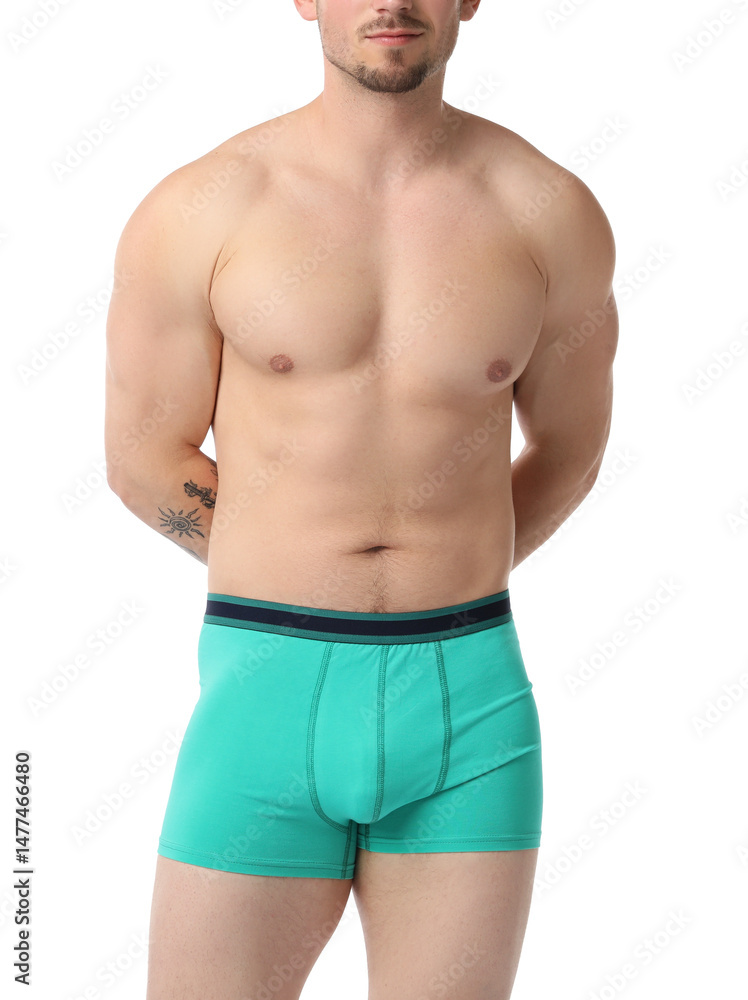 Fototapeta premium Young man in stylish turquoise underwear on white background, closeup