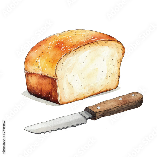 Cute cartoon watercolor A fresh loaf of bread