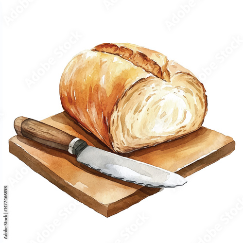 Cute cartoon watercolor A fresh loaf of bread