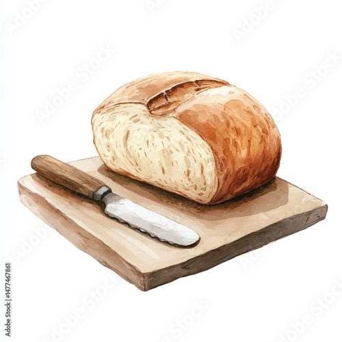 Cute cartoon watercolor A fresh loaf of bread