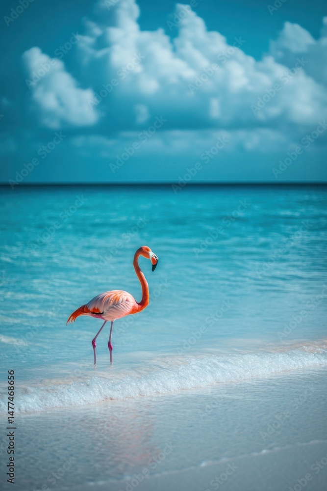 Fototapeta premium Pink Flamingo Standing in Turquoise Ocean Water on Sandy Beach in Tropical Paradise Vacation Destination