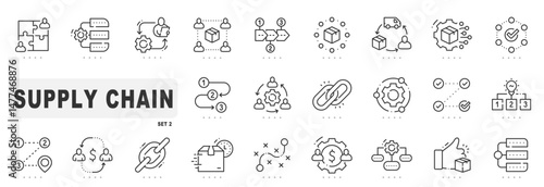 Set of supply chain related line icons. Logistics, process, management etc. Editable stroke. Set 2