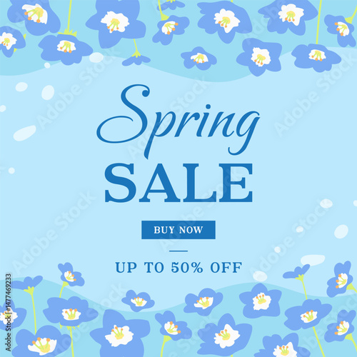Spring Sale template vector design. Nemophila or baby blue eyes flowers field background