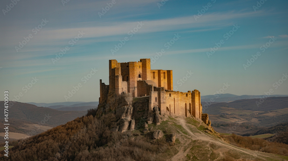 Obraz premium Beautiful Italian Castle on a Hilltop Under a Blue Sky in Italy