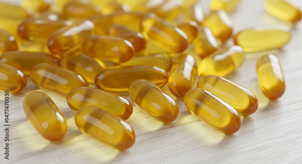 Close-up macro shot of glowing yellow gel capsules scattered on a surface, perfect for health and wellness concepts Close-up macro shot of glowing yellow gel capsules scattered on a surface, perfect for health and wellness concepts