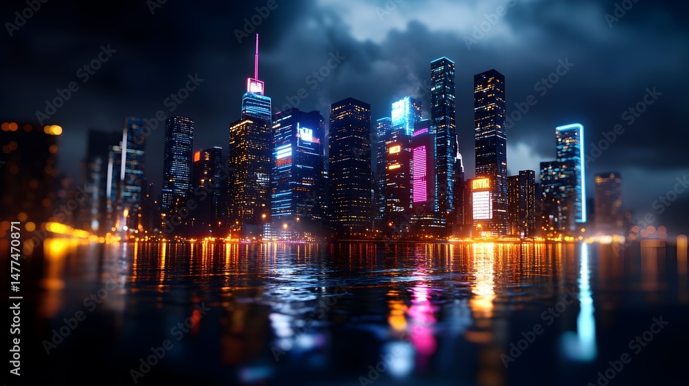Fototapeta premium Futuristic Neon Cyberpunk City Skyline Reflecting on the Water With Vibrant Colors and Dramatic Lighting at Night Showcasing Modern Architecture