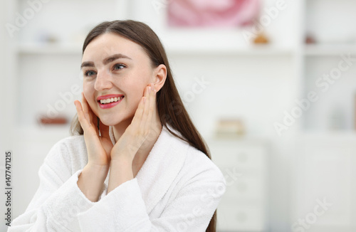 Free Download Smiling woman with healthy skin indoors. Space for text - GFXLoad