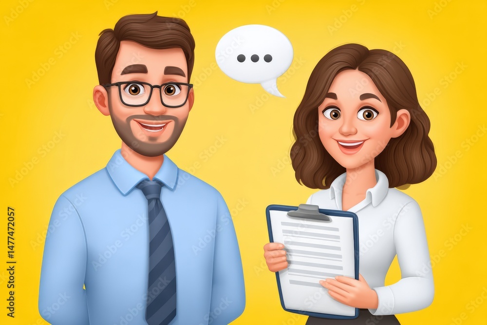 Engaging interaction between a smiling woman holding a clipboard and a cheerful man wearing glasses in a professional setting conveying teamwork and collaboration filled with positive energy Engaging interaction between a smiling woman holding a clipboard and a cheerful man wearing glasses in a professional setting conveying teamwork and collaboration filled with positive energy
