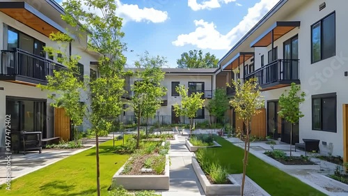 Modern White Townhouses with Lush Green Courtyard and Blue Sky in Serene Outdoor Setting Showcasing Contemporary