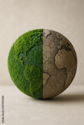 climate change concept, sustainable earth image, green moss globe, cracked dry earth, global warming visual, environmental contrast art, eco crisis representation, save the planet theme, nature vs des