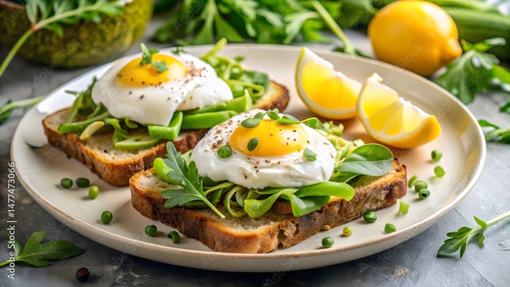 A delightful breakfast featuring avocado toast topped with poached eggs, garnished with fresh arugula, and a side of lemons. A delightful breakfast featuring avocado toast topped with poached eggs, garnished with fresh arugula, and a side of lemons.