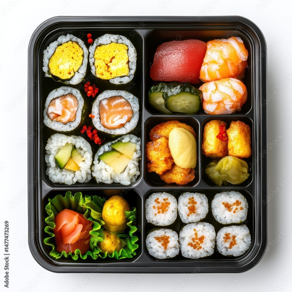 Assorted sushi platter in a black box.