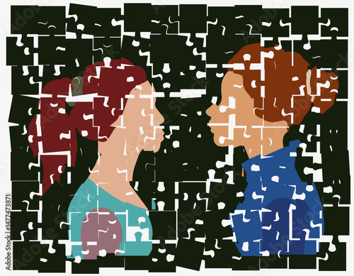 Female silhouettes in profile on a disassembled puzzle. Profile silhouette. Sociology.