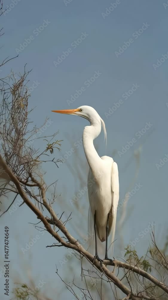 Elegant great egret perched on a branch in its natural habitat, showcasing its pristine white plumage against a soft blue sky background Elegant great egret perched on a branch in its natural habitat, showcasing its pristine white plumage against a soft blue sky background