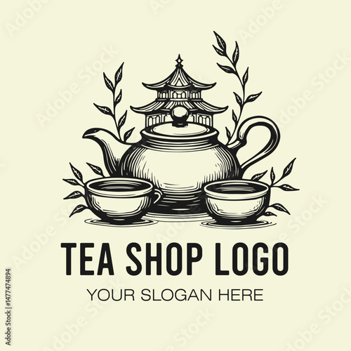 Tea shop logo, teapot and cups vector illustration isolated on light background.