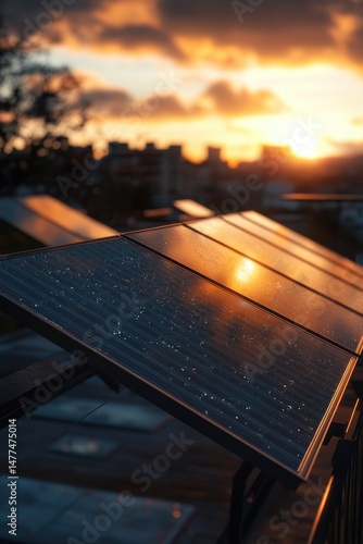 Obraz na płótnie Solar panels at sunset reflecting golden light. w salonie