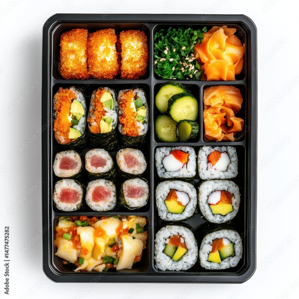 Delicious sushi assortment in a bento box.
