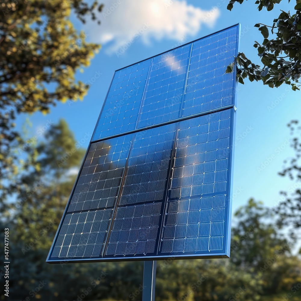 Solar panel in a green landscape under sunlight.