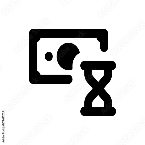Illustration of a black and white money bill with a circle and an hourglass to the right side icon design