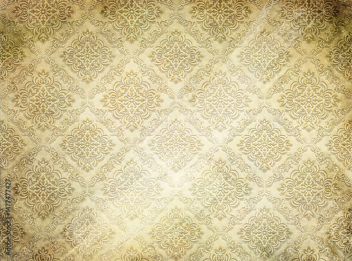 Aged stained grunge paper background with decorative vintage ornament.