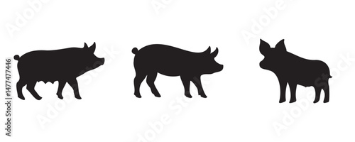 Three black pig silhouettes in side profile, each with distinct body shapes and features, isolated on a white background for farm, livestock, or agricultural design use