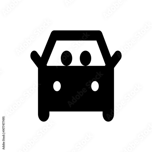 A simple black car icon with rounded edges and two circular headlights and windshield circles design