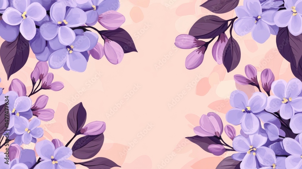 Fototapeta premium Floral frame of violet blossoms with purple leaves on a peach background illustration flat lay for spring design