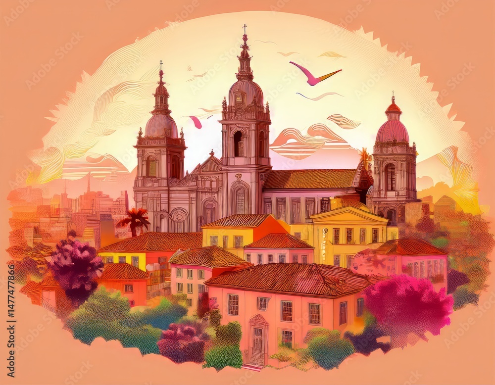 Fototapeta premium skyline silhouette city of braga, colorful, artistic depiction of a cityscape with prominent buildings and a cathedral. scene is vibrant ,lively, capturing charm and beauty of a historic city.