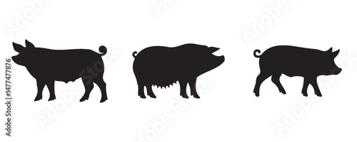 Three black pig silhouettes in side profile, each with distinct body shapes and features, isolated on a white background for farm, livestock, or agricultural design use