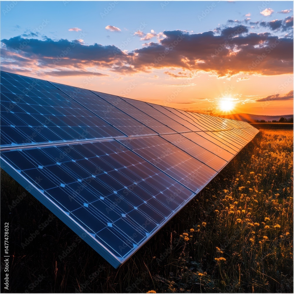 Sunset over solar panels in a lush field.