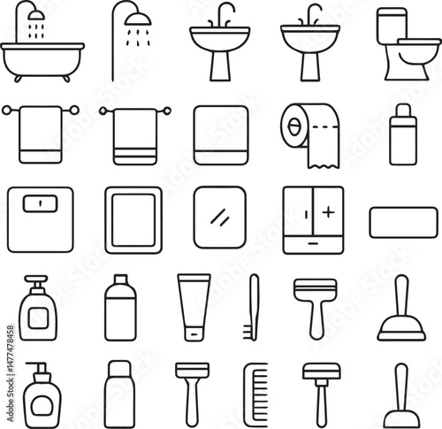 set of toilet icons. Tub, shower, towel, toilet, tissue, shampoo, weight machine, mirror, cupboard, brush, paste, hand wash, comb, safety
