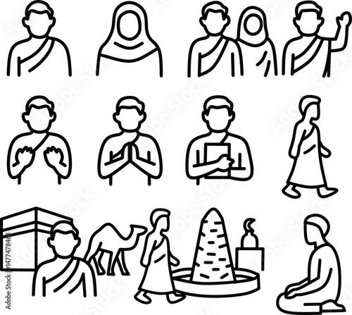 people icons set
11 icon set of Hajj and Umrah containing men wearing ihram clothes, women wearing ihram clothes, Kaaba, tombs, and camels.