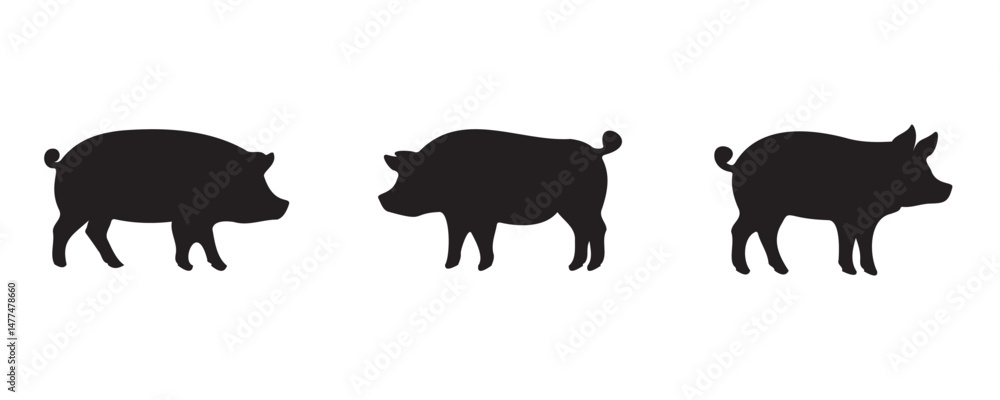 Obraz premium Three black pig silhouettes in side profile, each with distinct body shapes and features, isolated on a white background for farm, livestock, or agricultural design use