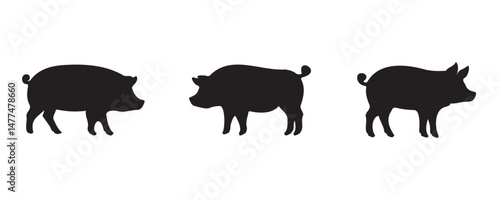 Three black pig silhouettes in side profile, each with distinct body shapes and features, isolated on a white background for farm, livestock, or agricultural design use
