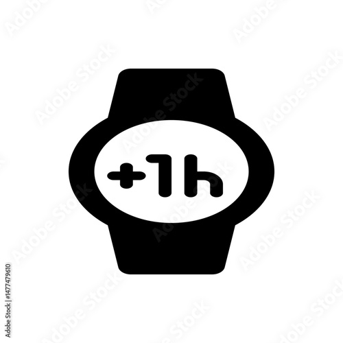 Illustration of a smartwatch with a plus one hour symbol on its screen indicating time zone adjustment or change