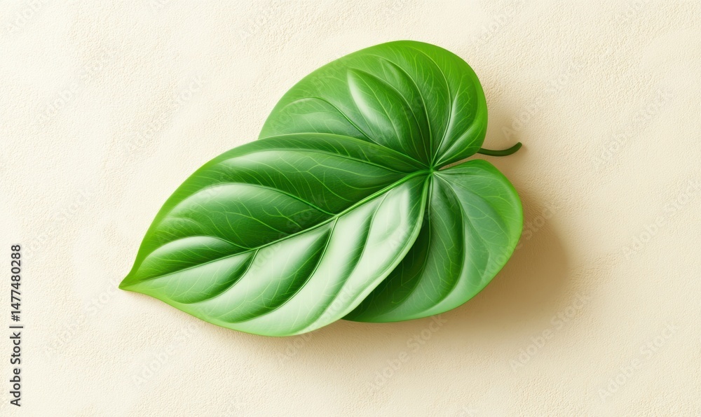 Fototapeta premium Two green leaves on beige background, nature, minimal, botanical, flatlay, design element