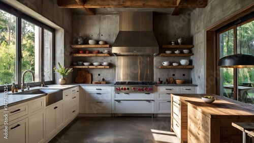 Wallpaper Mural Sunlit rustic kitchen with concrete walls, white cabinets and stainless steel range. Torontodigital.ca
