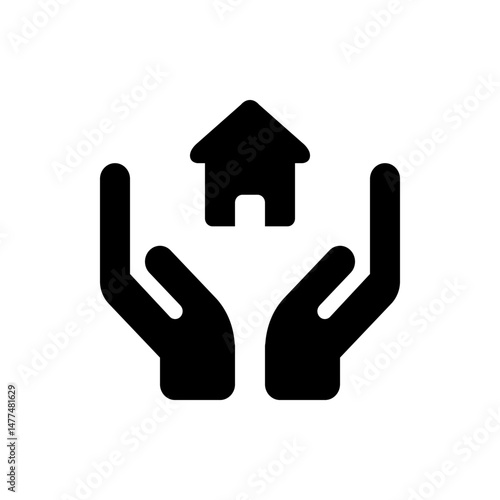 Two hands cupping and protecting a house representing home safety and security in black silhouette design
