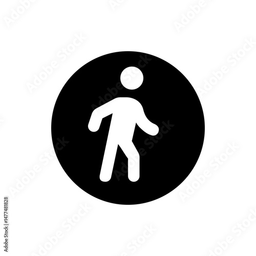 Illustration of a white pedestrian symbol within a black circle indicating a crosswalk or walking area sign