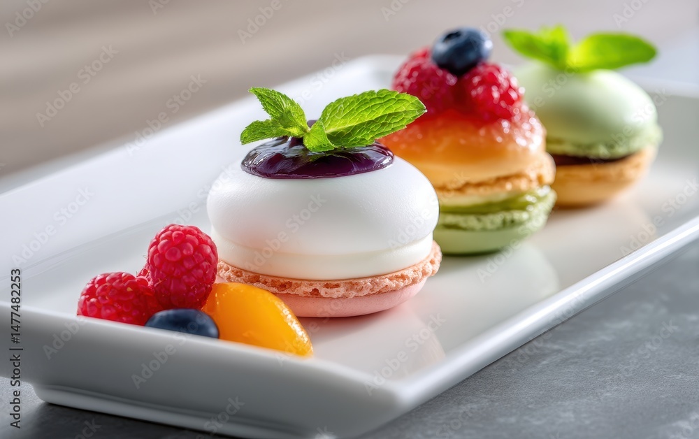 Colorful macarons with fruit toppings served on a white plate in a modern kitchen setting Colorful macarons with fruit toppings served on a white plate in a modern kitchen setting
